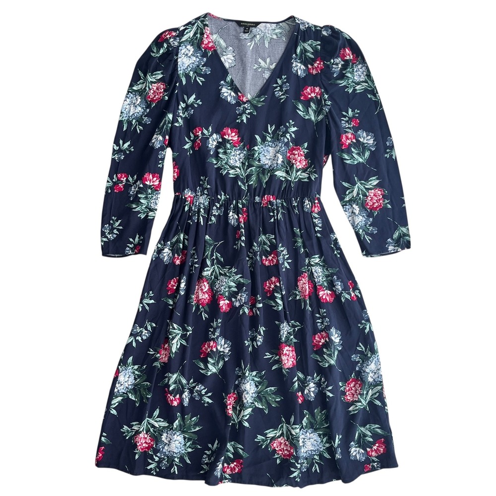Banana Republic M Navy Pink Floral Fast Puff Sleeve VNeck Midi Dress Cottagecore